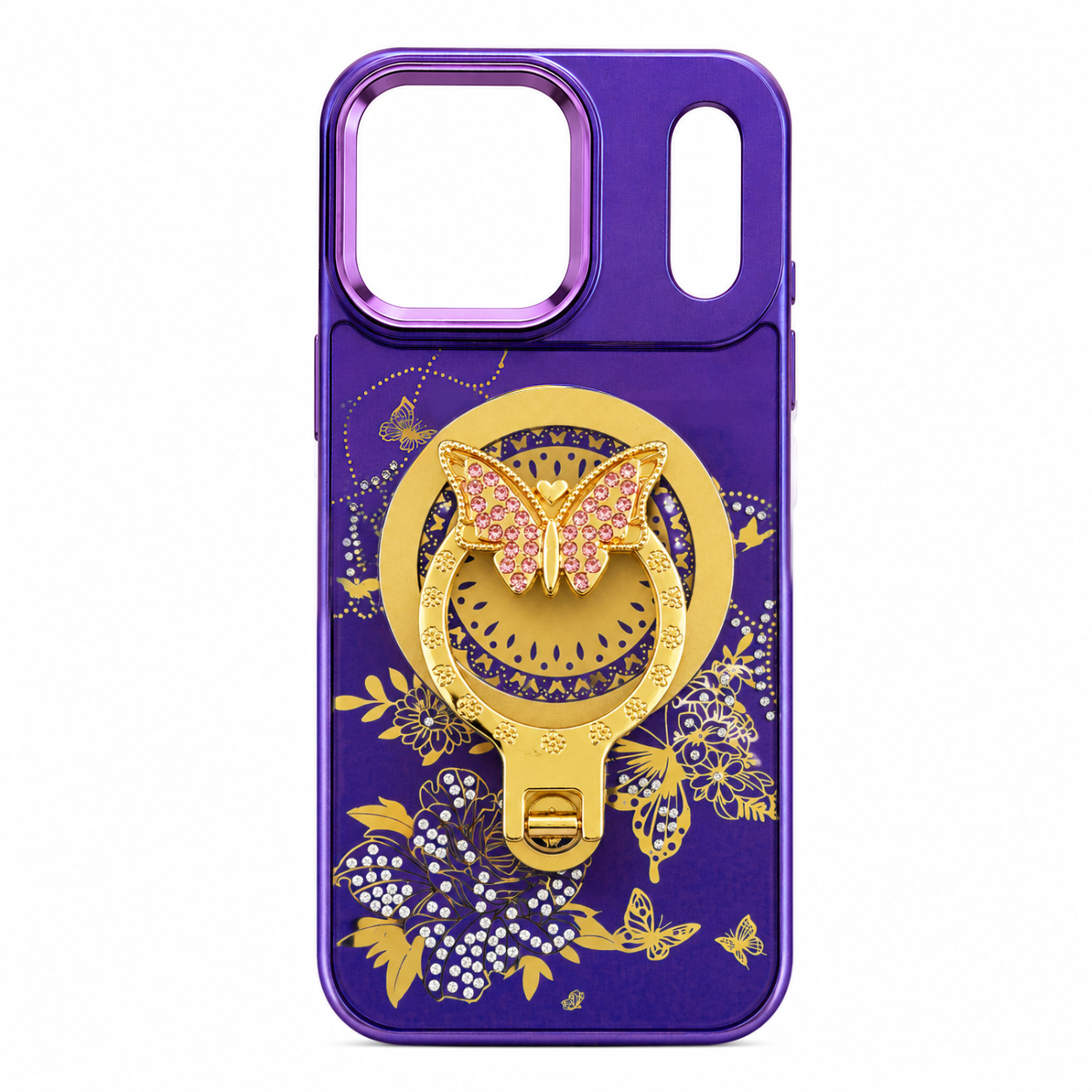 Glitter Sparkle Butterflies Ring Stand Bling Diamond Kickstand Shockproof Protective Cover in purple, compatible for IPHONE 17 PRO